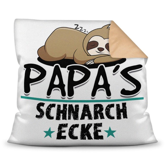 Kuschel-Kissen mit Spruch f&uuml;r Papa - Papas Schnarch-Ecke - Farbkissen R&uuml;ckseite Beige