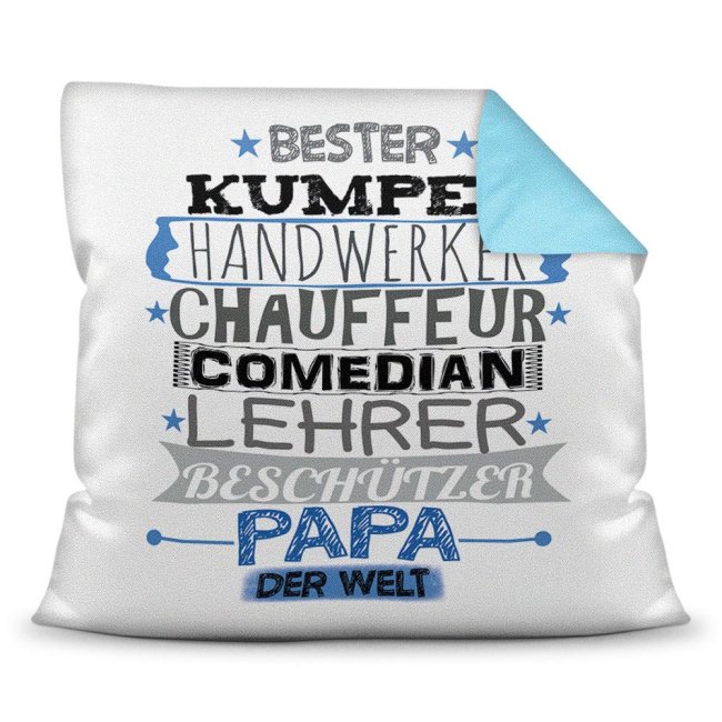 Kuschel-Kissen mit Spruch für Papa - Bester Papa - Farbkissen Rückseite Hellblau