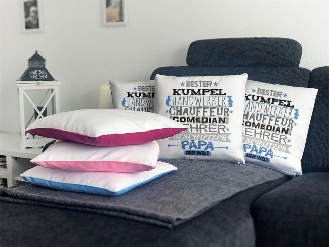 Kuschel-Kissen mit Spruch für Papa - Bester Papa - Farbkissen Rückseite Hellblau