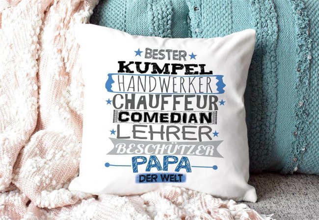 Kuschel-Kissen mit Spruch f&uuml;r Papa - Bester Papa - Farbkissen R&uuml;ckseite Schwarz