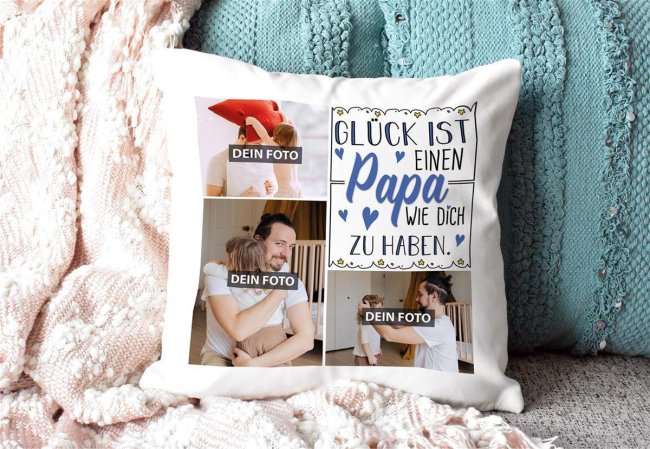 Kissen f&uuml;r Papa - Fotocollage mit drei Fotos zum selbst Gestalten - inkl. F&uuml;llung - R&uuml;ckseite Hellblau