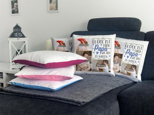 Kissen f&uuml;r Papa - Fotocollage mit drei Fotos zum selbst Gestalten - inkl. F&uuml;llung - R&uuml;ckseite Hellblau