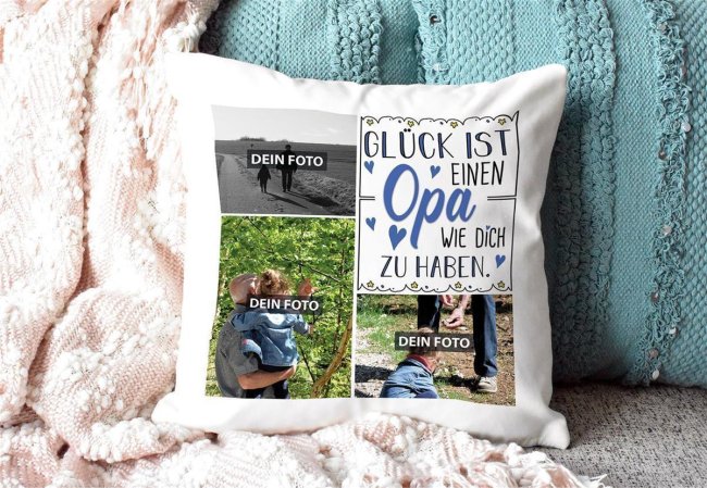 Kissen f&uuml;r Opa - Fotocollage mit drei Fotos zum selbst Gestalten - inkl. F&uuml;llung - R&uuml;ckseite Seegr&uuml;n
