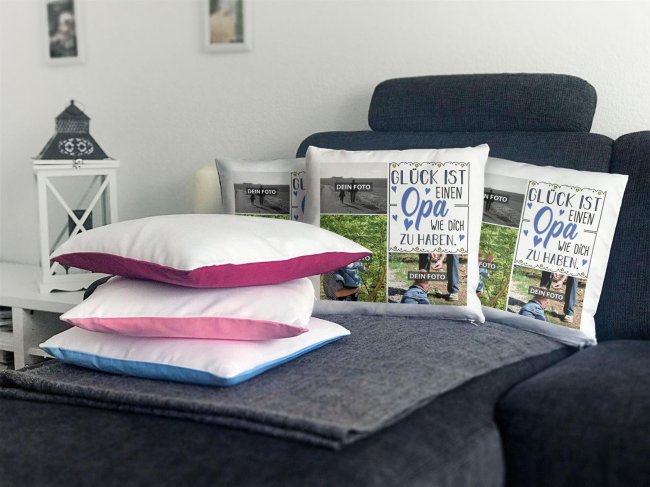 Kissen f&uuml;r Opa - Fotocollage mit drei Fotos zum selbst Gestalten - inkl. F&uuml;llung - R&uuml;ckseite Seegr&uuml;n