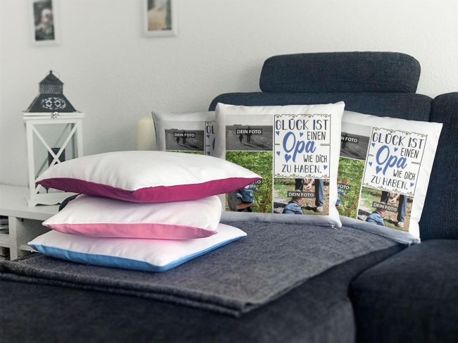 Kissen f&uuml;r Opa - Fotocollage mit drei Fotos zum selbst Gestalten - inkl. F&uuml;llung - R&uuml;ckseite Schwarz