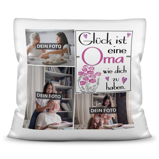 Kissen f&uuml;r Oma - Fotocollage mit drei Fotos zum selbst Gestalten - inkl. F&uuml;llung - Wei&szlig;