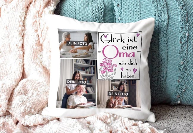 Kissen f&uuml;r Oma - Fotocollage mit drei Fotos zum selbst Gestalten - inkl. F&uuml;llung - Wei&szlig;