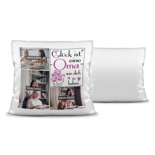 Kissen f&uuml;r Oma - Fotocollage mit drei Fotos zum selbst Gestalten - inkl. F&uuml;llung - Wei&szlig; flauschig