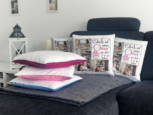 Kissen f&uuml;r Oma - Fotocollage mit drei Fotos zum selbst Gestalten - inkl. F&uuml;llung - Wei&szlig; flauschig