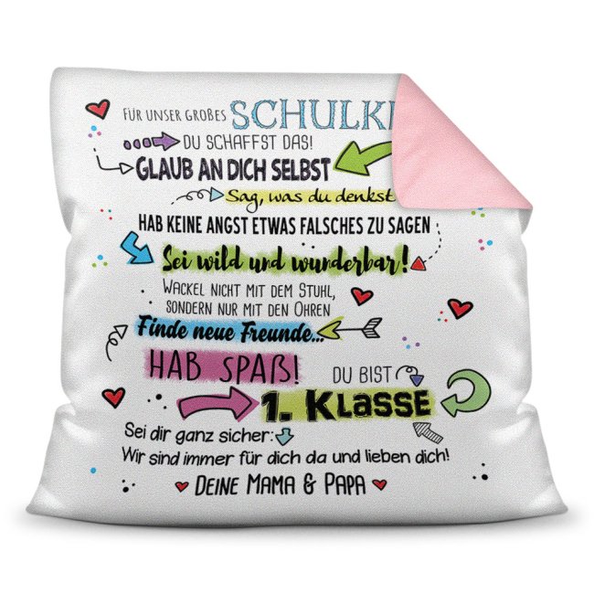 Geschenk Kissen für Kinder zur Einschulung - Unser großes Schulkind - Farbkissen Rückseite Rosa