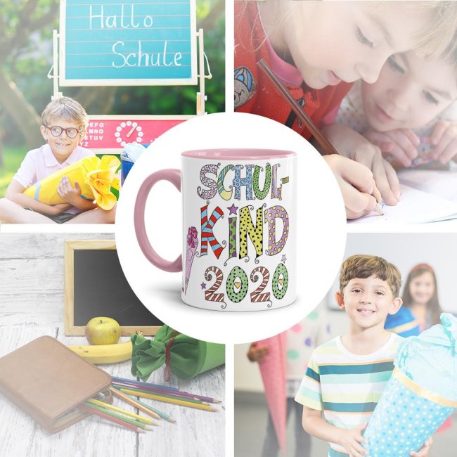 Tasse f&uuml;r Kinder zur Einschulung mit Spruch - Schulkind 2020 M&auml;dchen - Innen &amp; Henkel Rosa