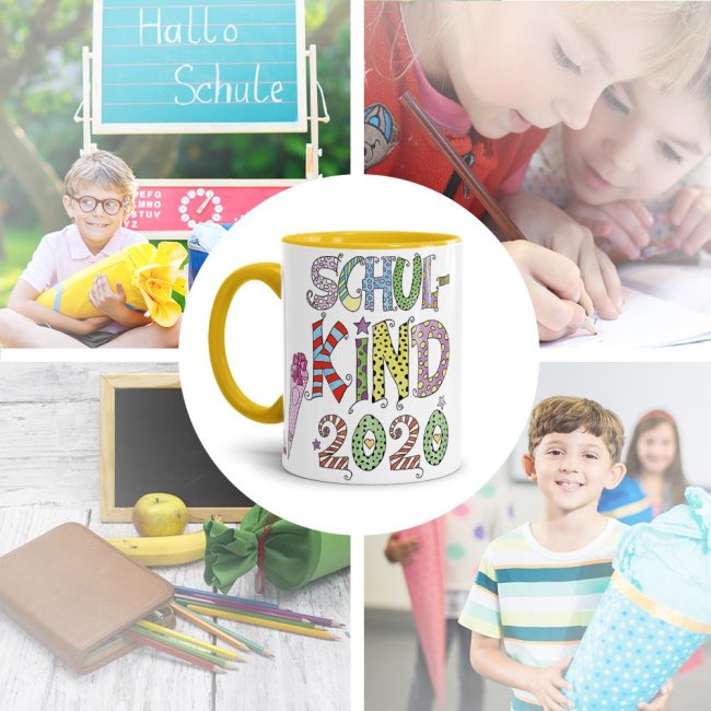Tasse f&uuml;r Kinder zur Einschulung mit Spruch - Schulkind 2020 M&auml;dchen - Innen &amp; Henkel Gelb