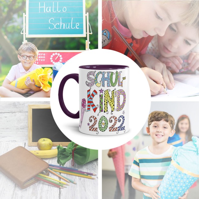 Tasse für Kinder zur Einschulung mit Spruch - Schulkind 2022 Mädchen - Innen & Henkel Violett