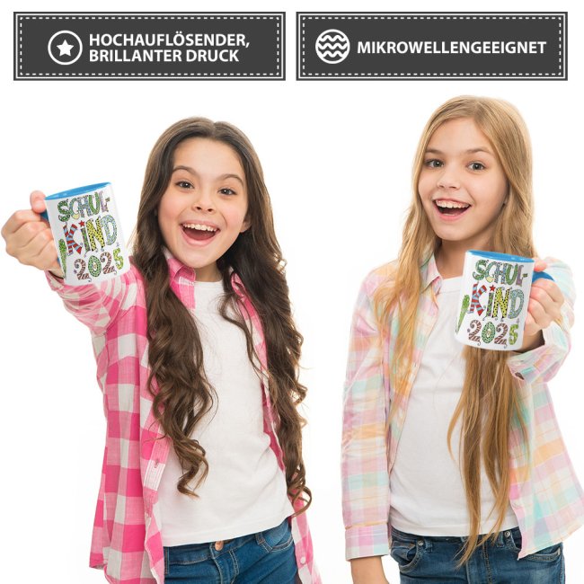Tasse f&uuml;r Kinder zur Einschulung mit Spruch - Schulkind 2025 Junge - Innen &amp; Henkel Hellblau