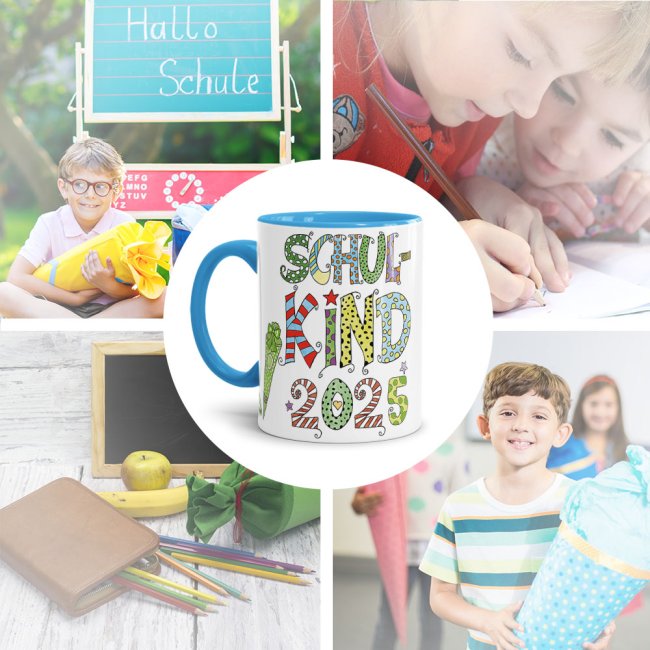 Tasse f&uuml;r Kinder zur Einschulung mit Spruch - Schulkind 2025 Junge - Innen &amp; Henkel Hellblau