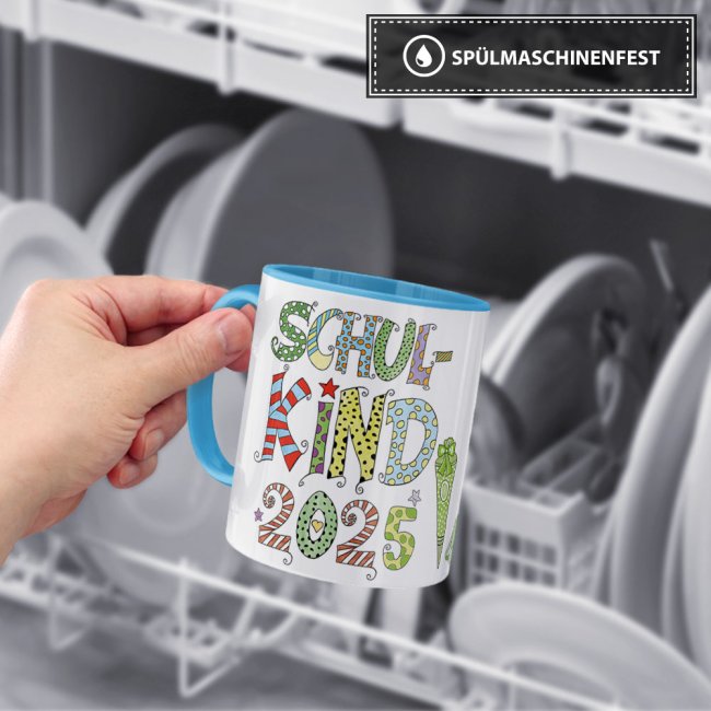 Tasse f&uuml;r Kinder zur Einschulung mit Spruch - Schulkind 2025 Junge - Innen &amp; Henkel Hellblau