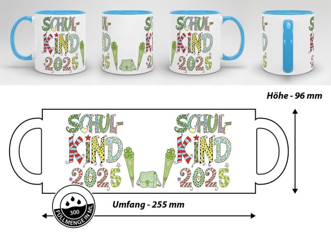 Tasse f&uuml;r Kinder zur Einschulung mit Spruch - Schulkind 2025 Junge - Innen &amp; Henkel Hellblau