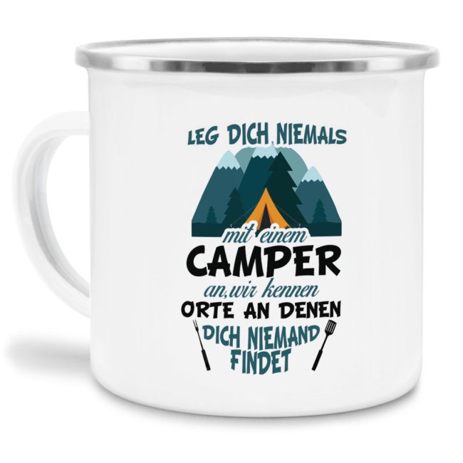 CAMPING Emaille-Tasse MY CAMPER TAKES ME Campingbecher Sprüchetasse Bürotasse 