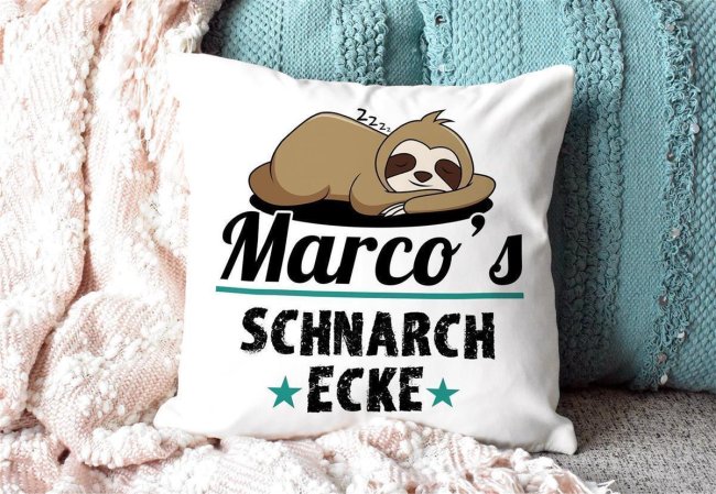 Kissen Faultier mit Wunschname - Deine Schnarchecke - Farbkissen R&uuml;ckseite Schwarz