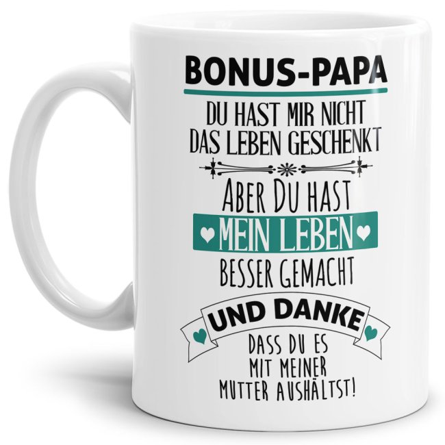 Tasse mit Spruch - Danke Bonus Papa - Wei&szlig;