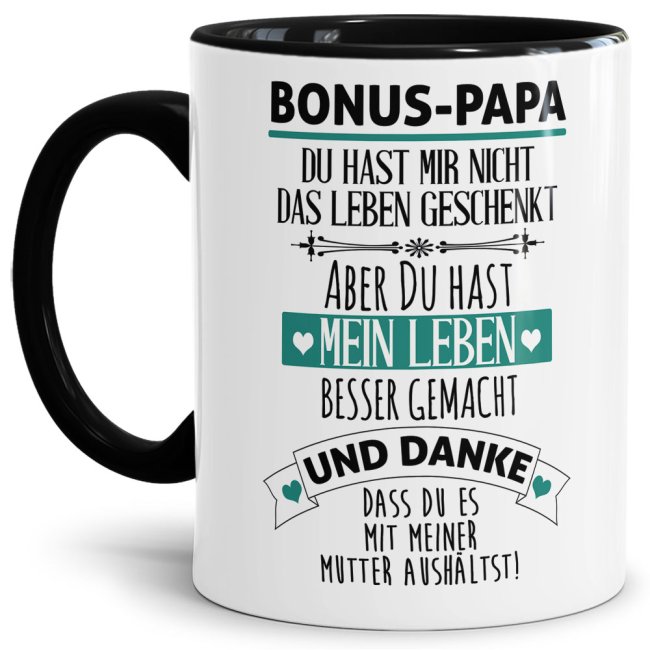 Tasse mit Spruch - Danke Bonus Papa - Innen &amp; Henkel Schwarz