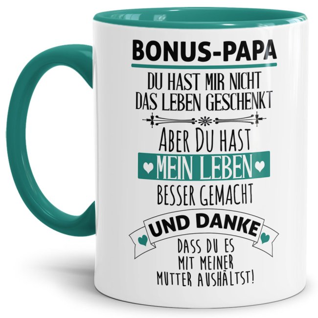 Tasse mit Spruch - Danke Bonus Papa - Innen &amp; Henkel T&uuml;rkis