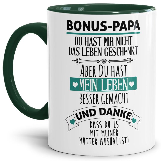 Tasse mit Spruch - Danke Bonus Papa - Innen &amp; Henkel Dunkelgr&uuml;n