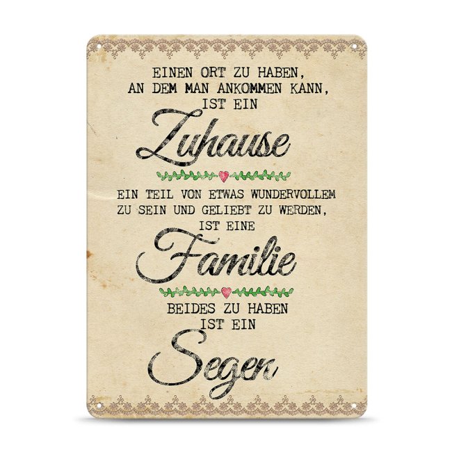 Blechschild mit Spruch - Zuhause und Familie ist ein Segen - vier Gr&ouml;&szlig;en