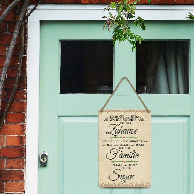 Blechschild mit Spruch - Zuhause und Familie ist ein Segen - vier Gr&ouml;&szlig;en