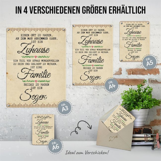 Blechschild mit Spruch - Zuhause und Familie ist ein Segen - Querformat DIN A5