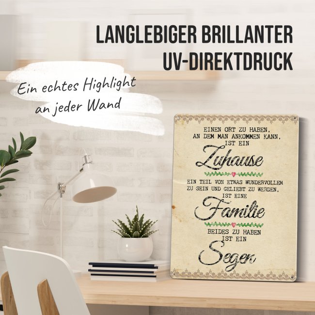 Blechschild mit Spruch - Zuhause und Familie ist ein Segen - Querformat DIN A5