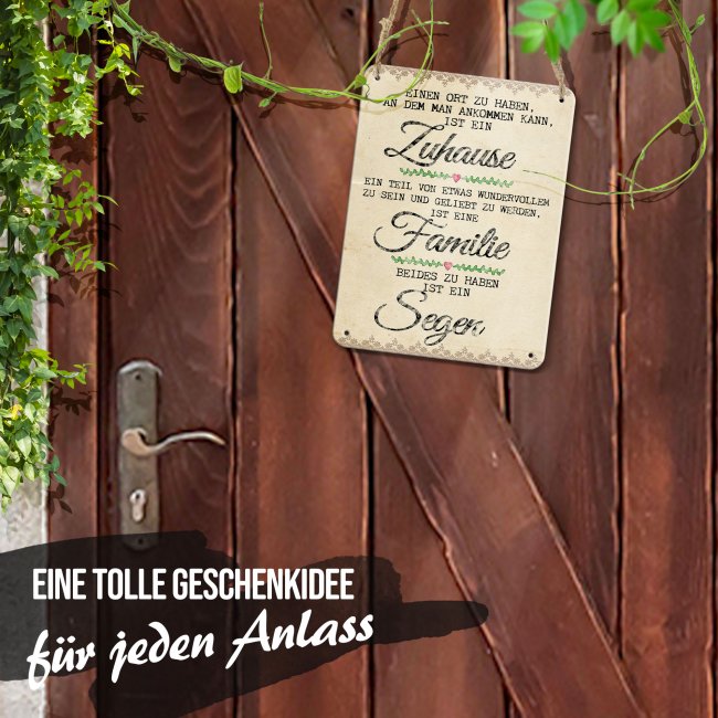 Blechschild mit Spruch - Zuhause und Familie ist ein Segen - Querformat DIN A5