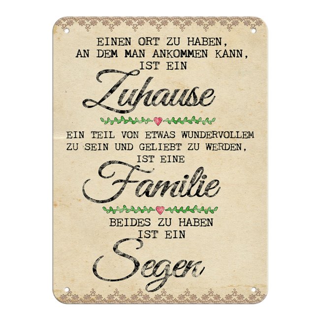 Blechschild mit Spruch - Zuhause und Familie ist ein Segen - Querformat DIN A5