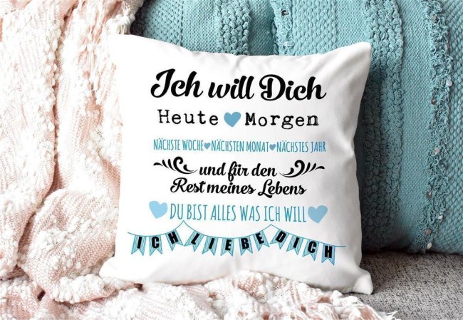 Kissen mit Spruch - Liebeserkl&auml;rung - in Blau - Farbkissen R&uuml;ckseite Rosa