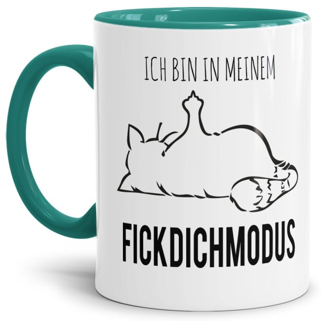 Tasse mit lustigem Spruch - N&ouml;-Katze Fick Dich Modus - T&uuml;rkis