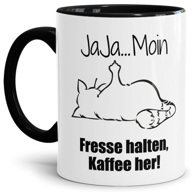 Tasse mit lustigem Spruch - N&ouml;-Katze Ja Ja Moin - Schwarz