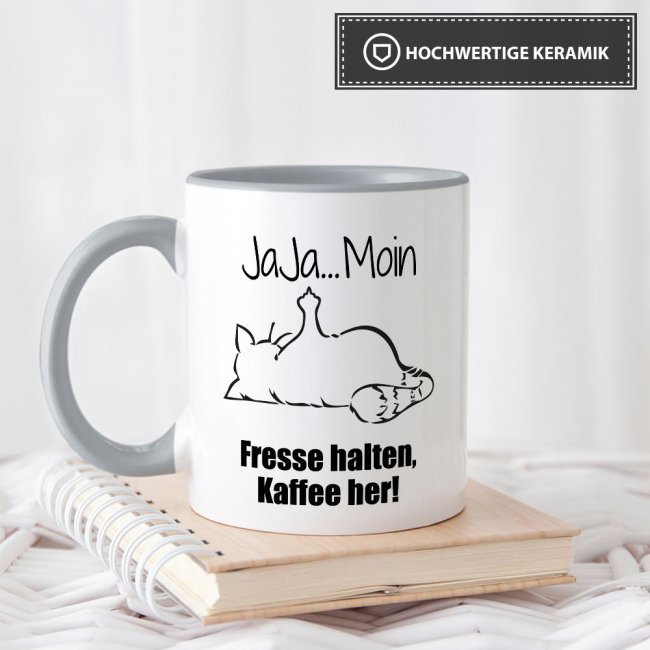 Tasse mit lustigem Spruch - N&ouml;-Katze Ja Ja Moin - Grau