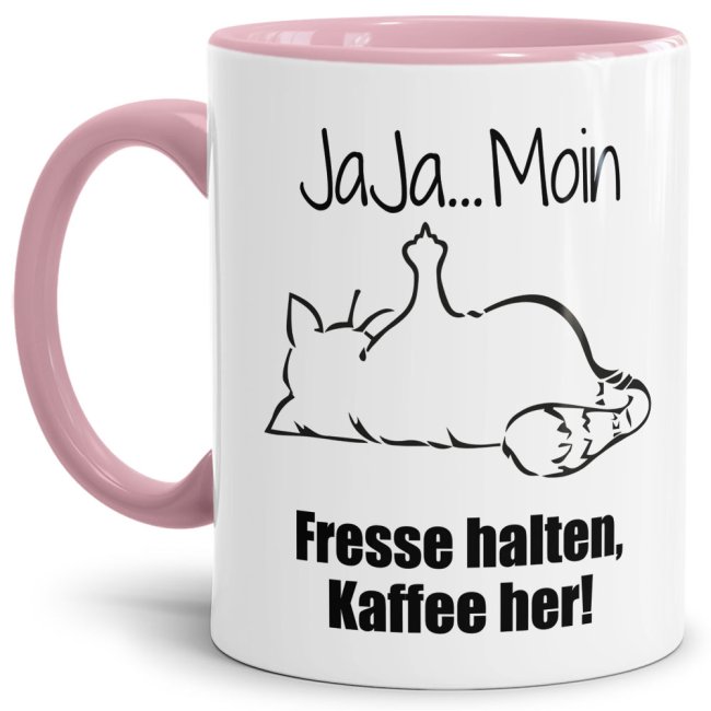 Tasse mit lustigem Spruch - N&ouml;-Katze Ja Ja Moin - Rosa