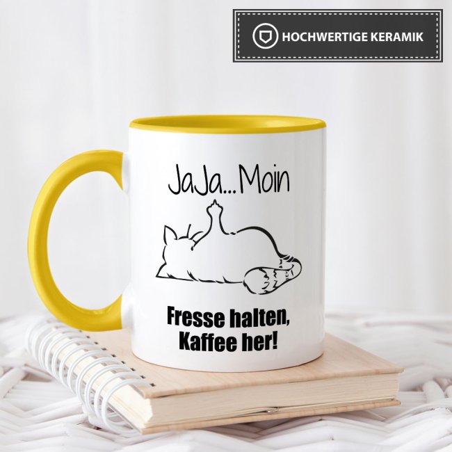 Tasse mit lustigem Spruch - N&ouml;-Katze Ja Ja Moin - Gelb