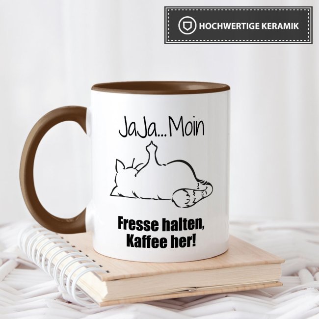 Tasse mit lustigem Spruch - N&ouml;-Katze Ja Ja Moin - Braun