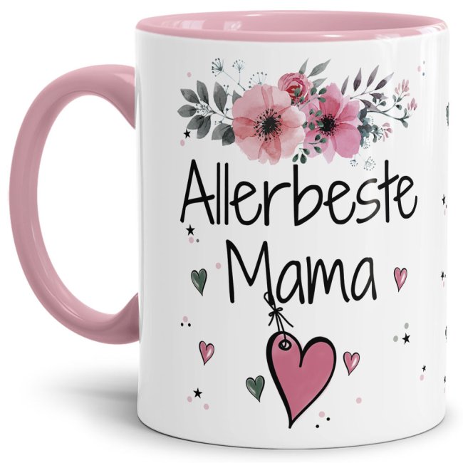 Tasse mit sch&ouml;nem Blumenmotiv - Allerbeste Mama - Innen &amp; Henkel Rosa