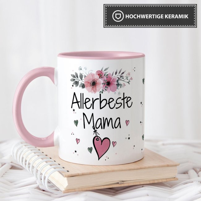 Tasse mit sch&ouml;nem Blumenmotiv - Allerbeste Mama - Innen &amp; Henkel Rosa