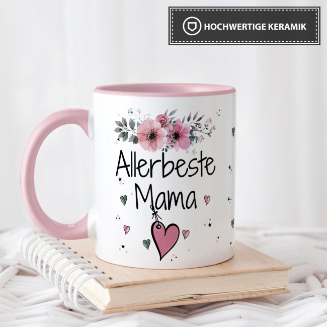 Tasse mit schönem Blumenmotiv - Allerbeste Mama - Innen & Henkel Rosa