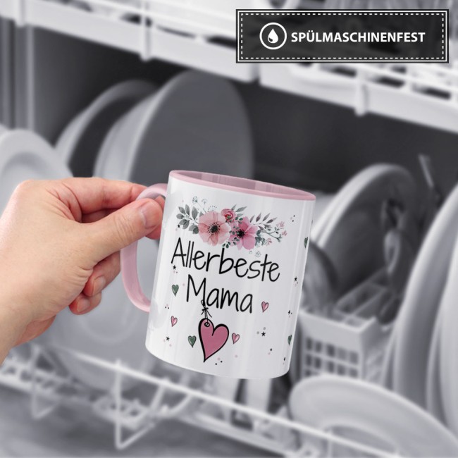 Tasse mit schönem Blumenmotiv - Allerbeste Mama - Innen & Henkel Rosa