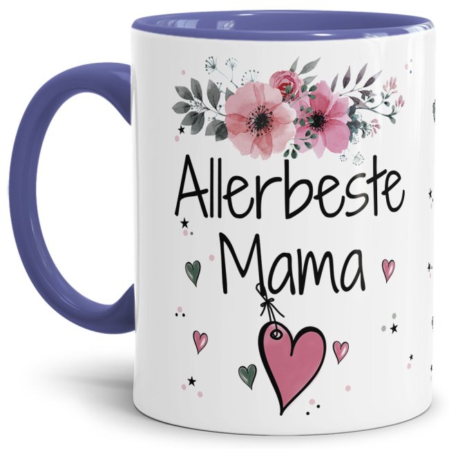 Tasse mit sch&ouml;nem Blumenmotiv - Allerbeste Mama - Innen &amp; Henkel Cambridge Blau