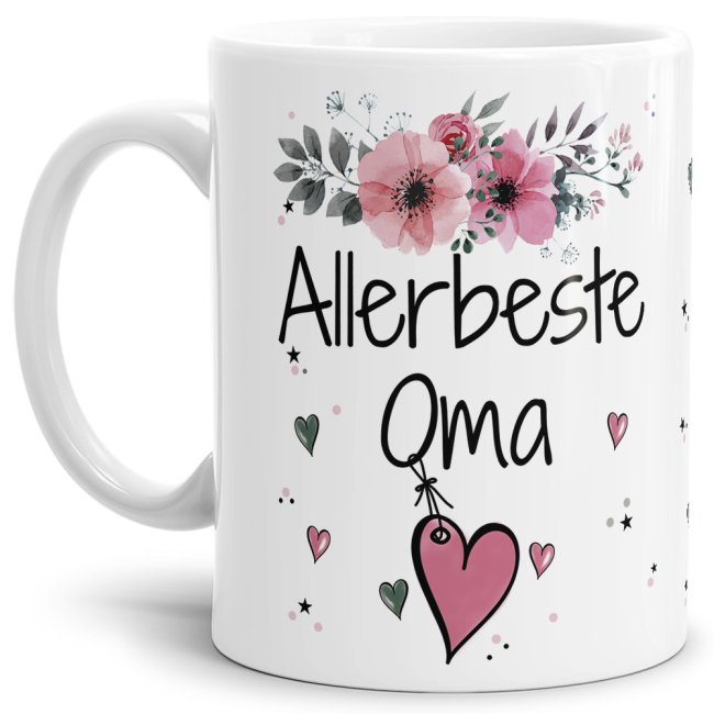 Tasse mit sch&ouml;nem Blumenmotiv - Allerbeste Oma - Wei&szlig;