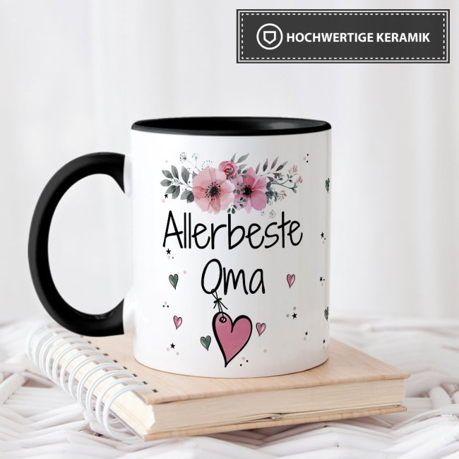 Tasse mit sch&ouml;nem Blumenmotiv - Allerbeste Oma - Innen &amp; Henkel Schwarz