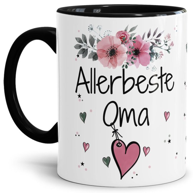 Tasse mit sch&ouml;nem Blumenmotiv - Allerbeste Oma - Innen &amp; Henkel Schwarz