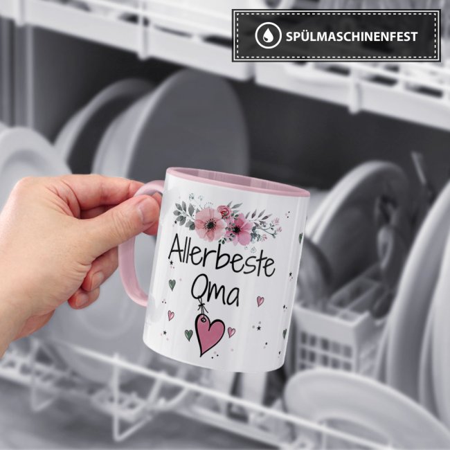 Tasse mit sch&ouml;nem Blumenmotiv - Allerbeste Oma - Innen &amp; Henkel Rosa