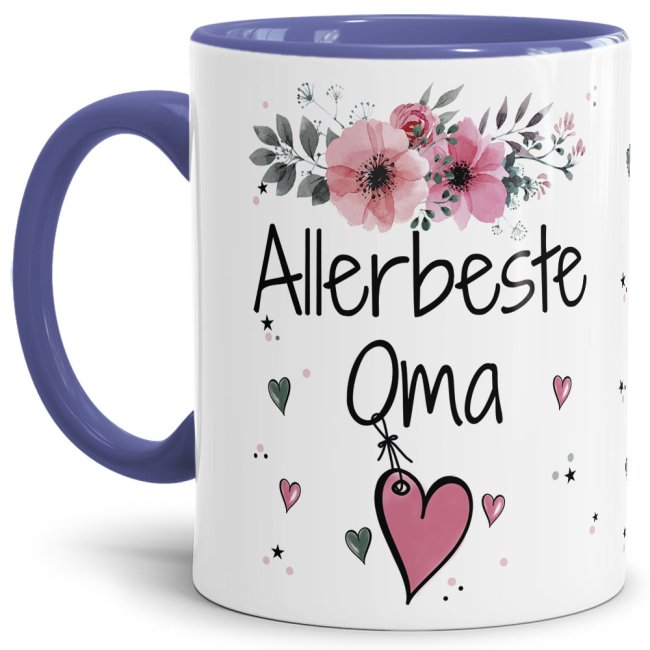 Tasse mit sch&ouml;nem Blumenmotiv - Allerbeste Oma - Innen &amp; Henkel Cambridge Blau